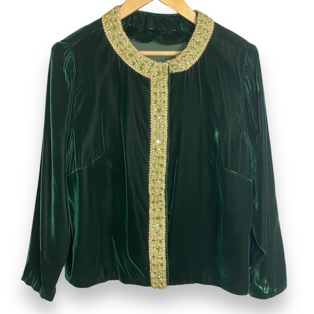 Handmade Velvet Jacket Green Gold Trim Women Crop Sleeve Christmas Holiday Snaps